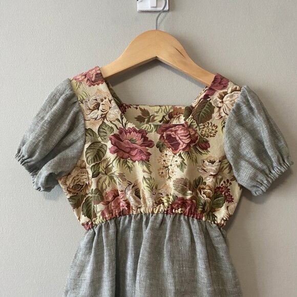 Handmade Children's Cotton Linen Green Multicolour Lace Square Neck Dress - Picture 5 of 12